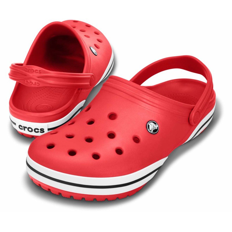 white and red crocs