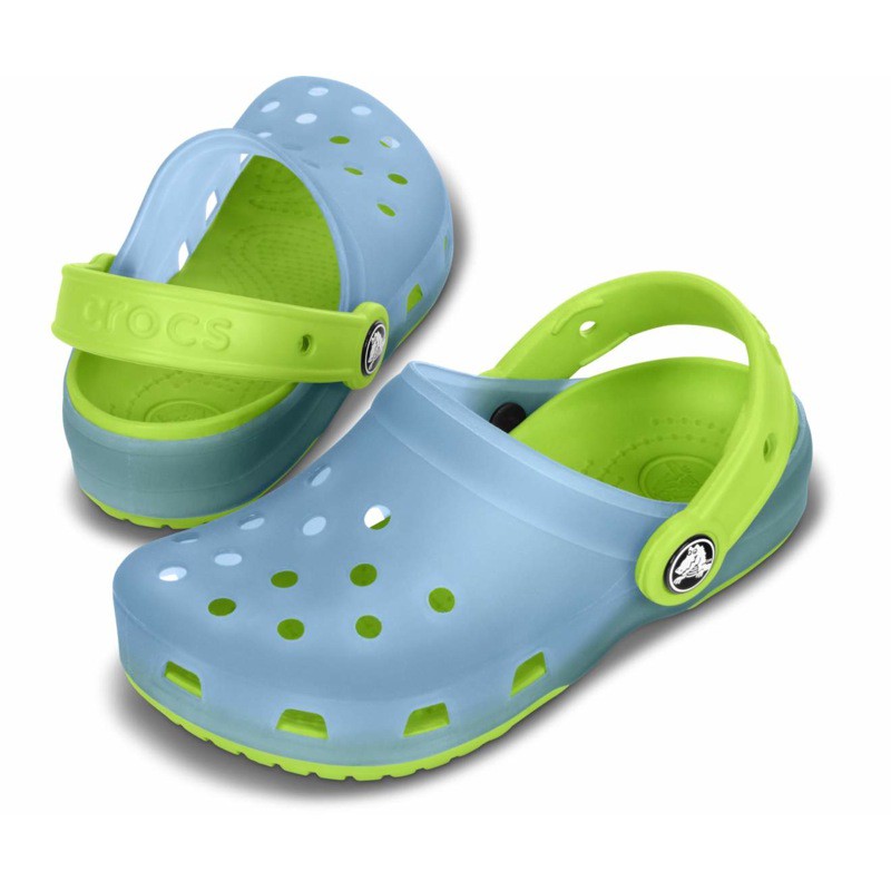 green and purple crocs